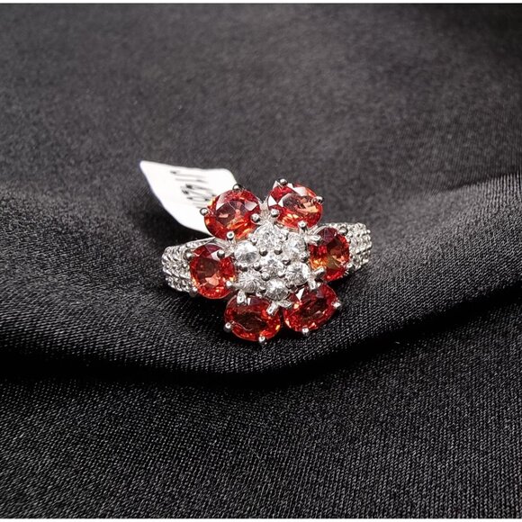 Sterling Silver 925 Red Ruby Floral Cluster Ring With White Accents Size 6.5 - Picture 3 of 5